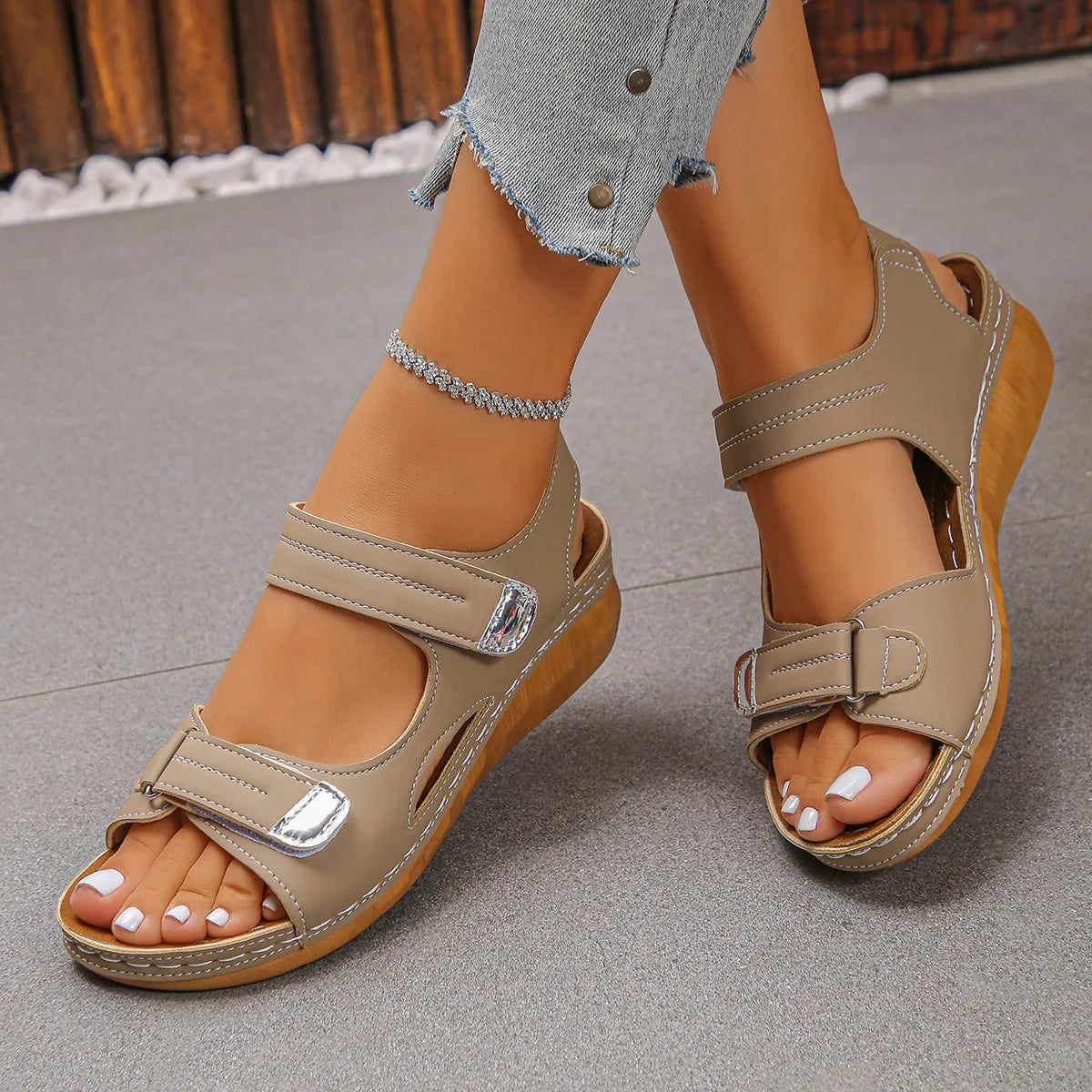 Cross-border Plus-size Sandals 2026 Summer New Style Wedge Sandals with Fish Mouth Design, Velcro Closure, Thick Sole, Casual on