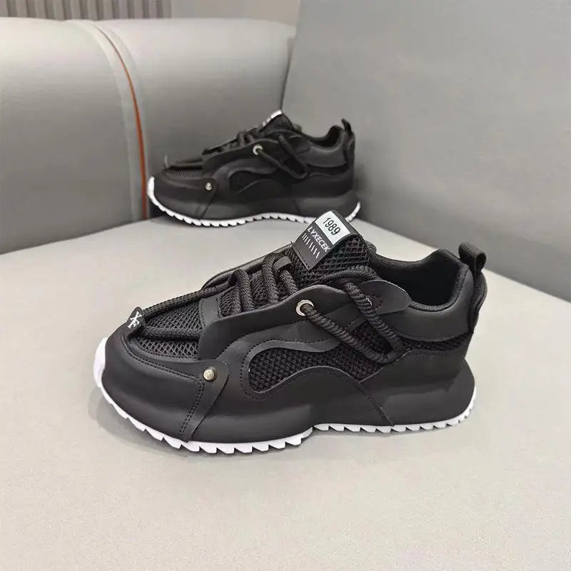 Men Black White Color Block Dad Sneakers Mesh Leather Patchwork Thick Platform Height Increasing Casual Running Sports Shoes