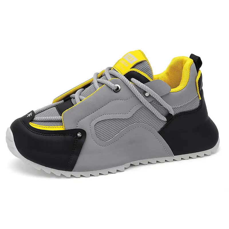 Men Black White Color Block Dad Sneakers Mesh Leather Patchwork Thick Platform Height Increasing Casual Running Sports Shoes