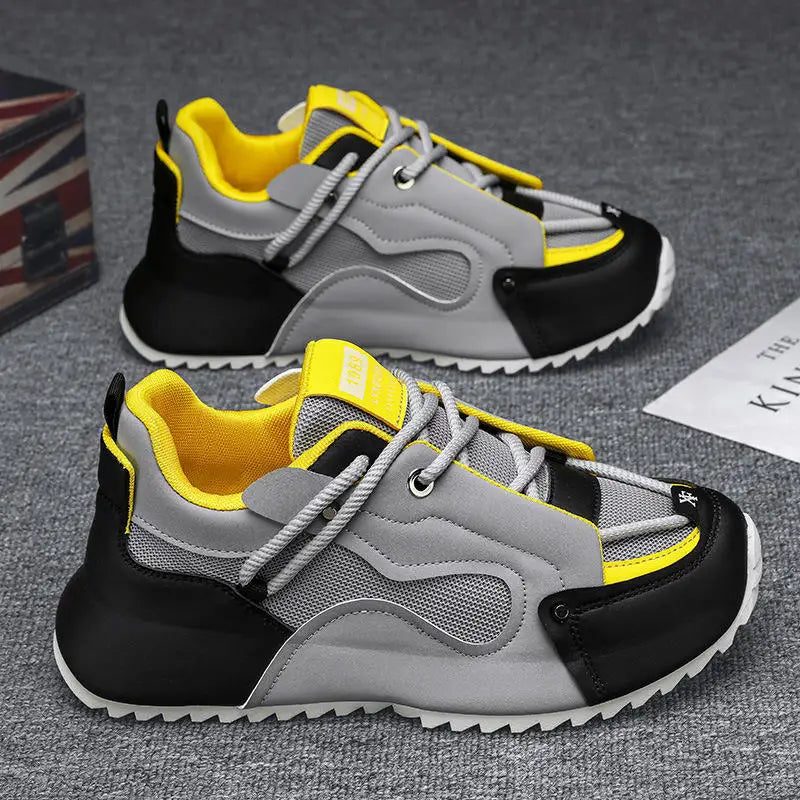 Men Black White Color Block Dad Sneakers Mesh Leather Patchwork Thick Platform Height Increasing Casual Running Sports Shoes
