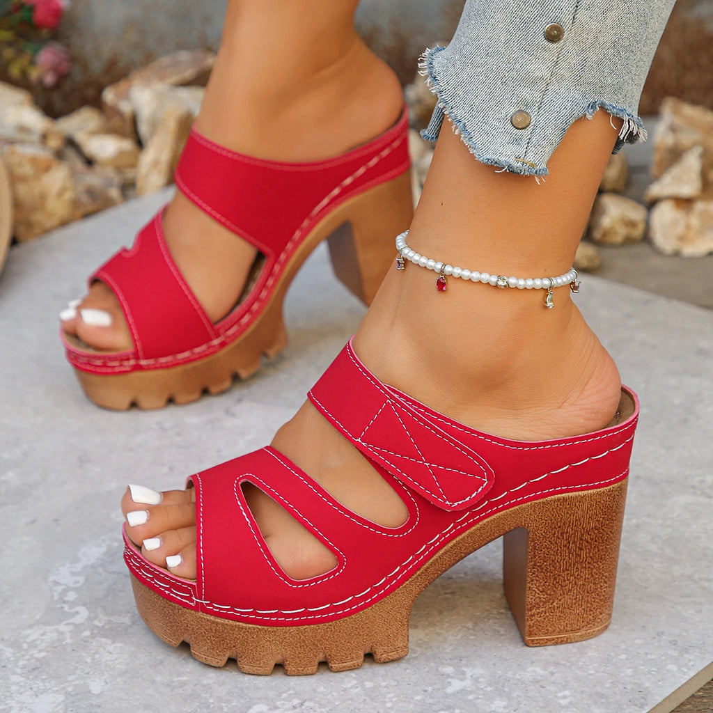 Y 35-43 New Women's Peep-toe Velcro Chunky Heel Sandals Fashionable and Versatile High-heeled slippers