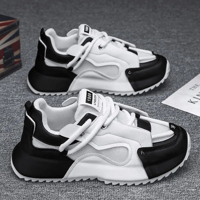 Men Black White Color Block Dad Sneakers Mesh Leather Patchwork Thick Platform Height Increasing Casual Running Sports Shoes