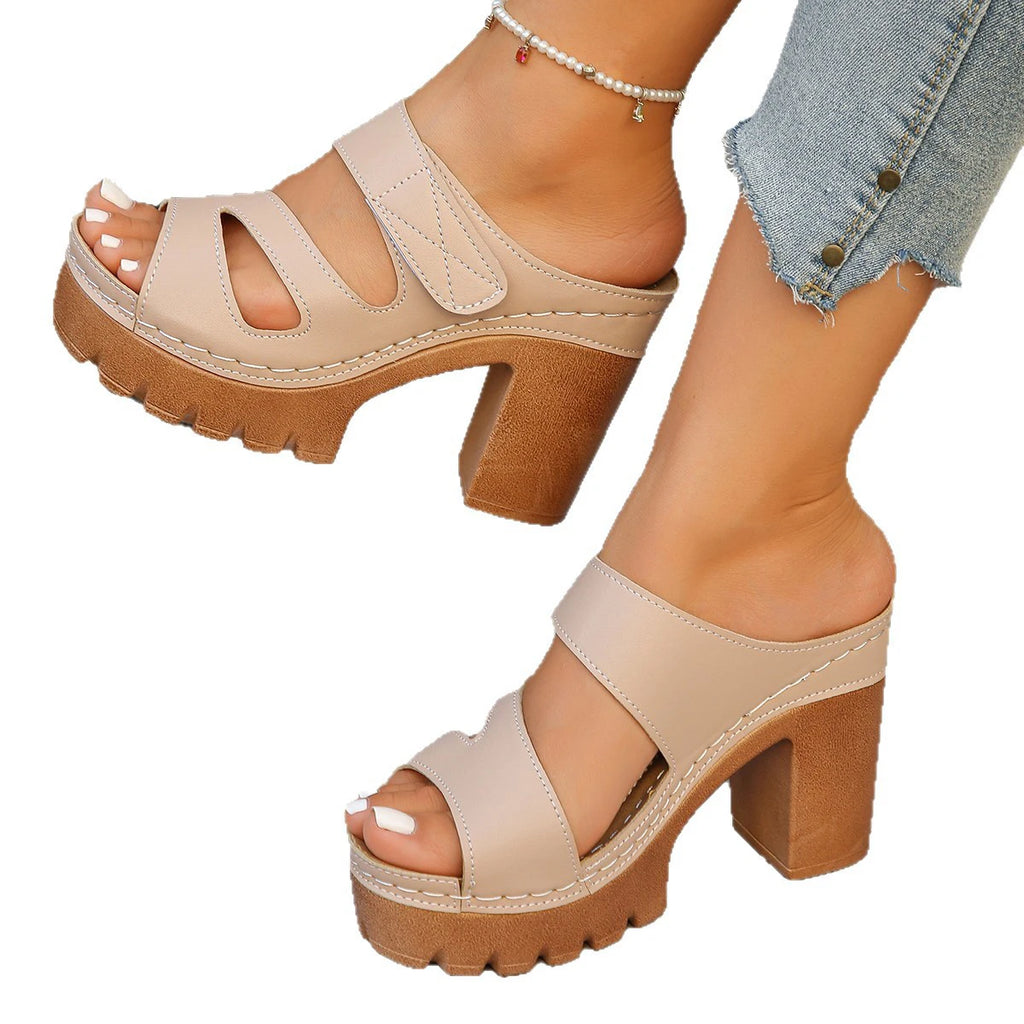 Y 35-43 New Women's Peep-toe Velcro Chunky Heel Sandals Fashionable and Versatile High-heeled slippers