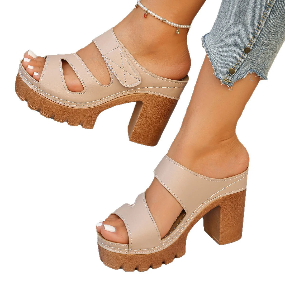 Y 35-43 New Women's Peep-toe Velcro Chunky Heel Sandals Fashionable and Versatile High-heeled slippers