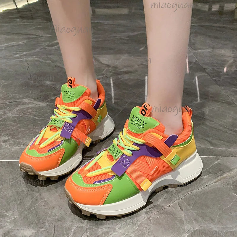 New Women colorful Sneakers Mesh Breathable Platform Shoes Casual Lace Up Outdoor Running Sport Footwear Versatile Outdoor Shoes