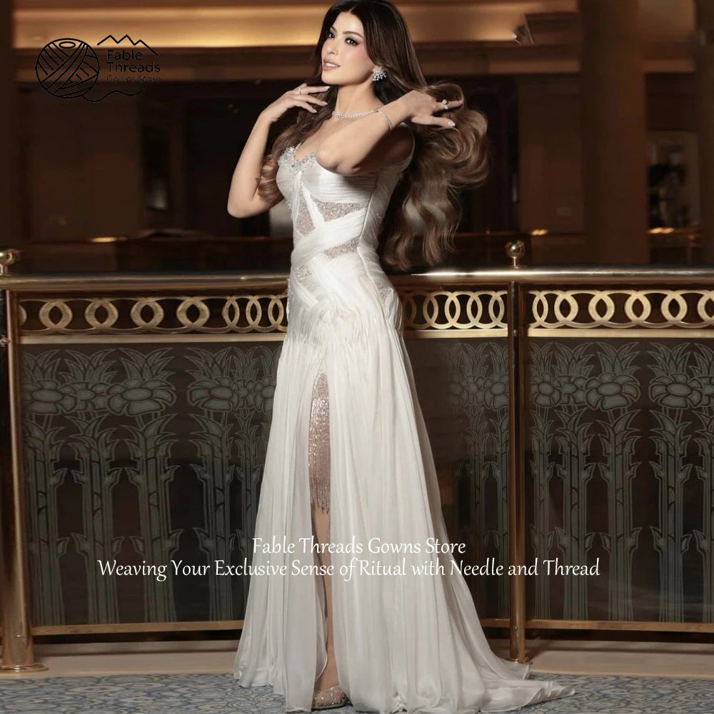 FableT Elegant White Spaghetti Strap Prom Dress Tulle Beadings Sleeveless Formal Occasion Prom Dress Customized 2026