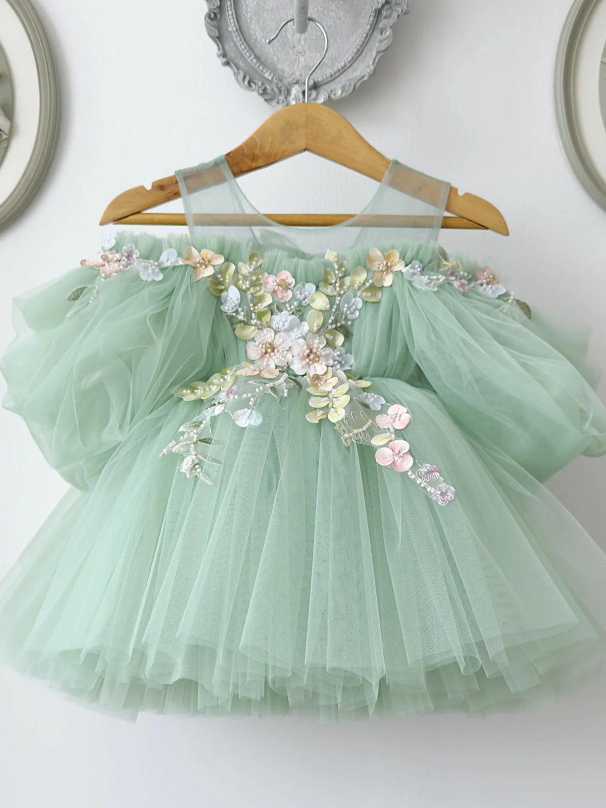 Custom Flower Girl Dress Wedding Dress Birthday Party Dress Puff Sleeve Tulle Princess Dress with 3D Floral Embroidery for Kids