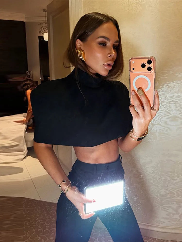 Elegant Cropped Shawl Tops Women's Short Sleeves Stand Collar Coat With Shoulder Pad 2026 New Ladies Spring Summer Solid Outwear