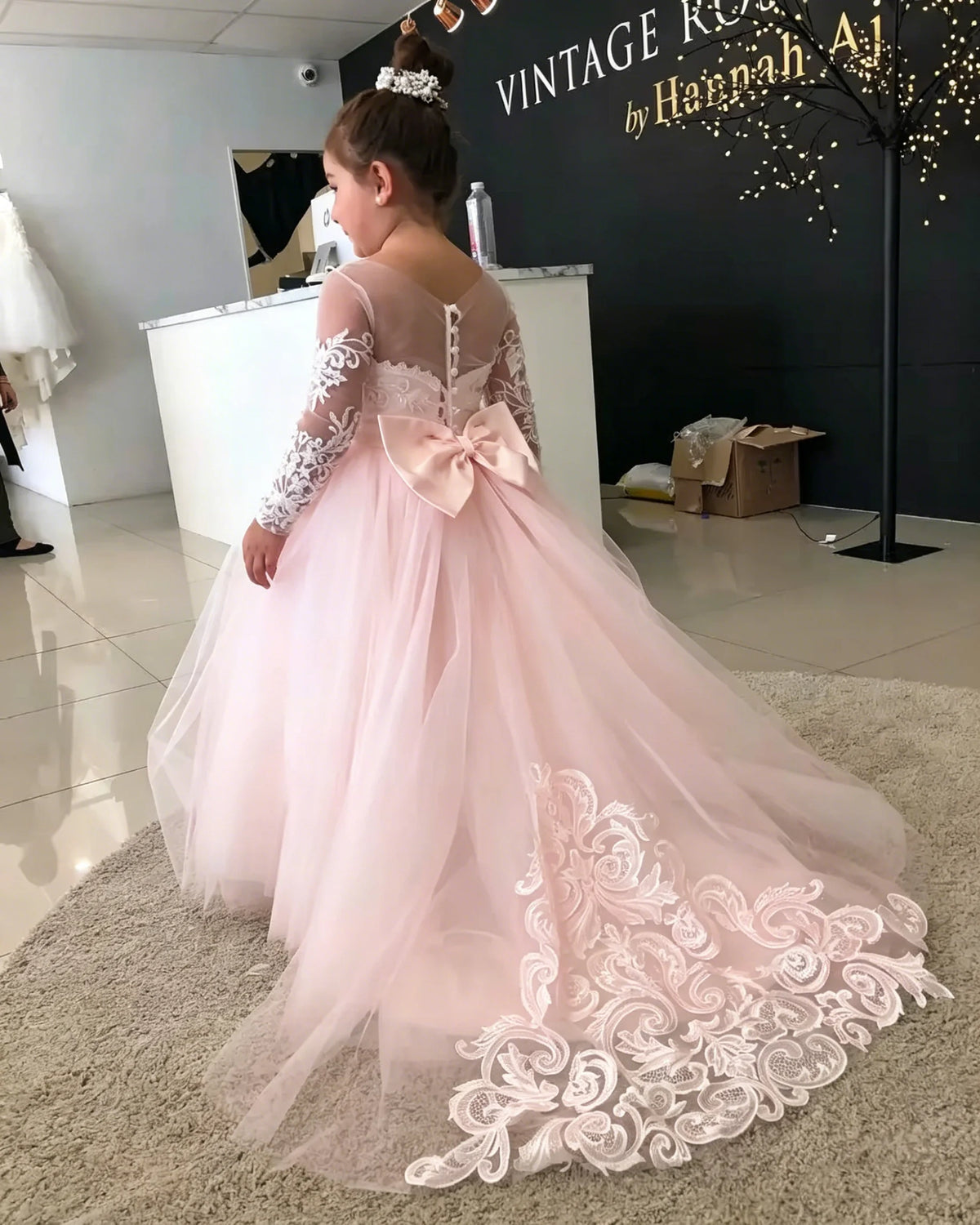 1-13 Years Lace Tulle Flower Girl Dress Up Buttons Bows Children's First Communion Ball Gown Wedding Party Bridesmaid Dress Kids