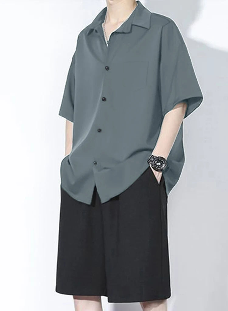 Shirt Men's Summer Ice Silk Short-Sleeved Drapey High-End Loose Casual Solid Color Shirt for Men