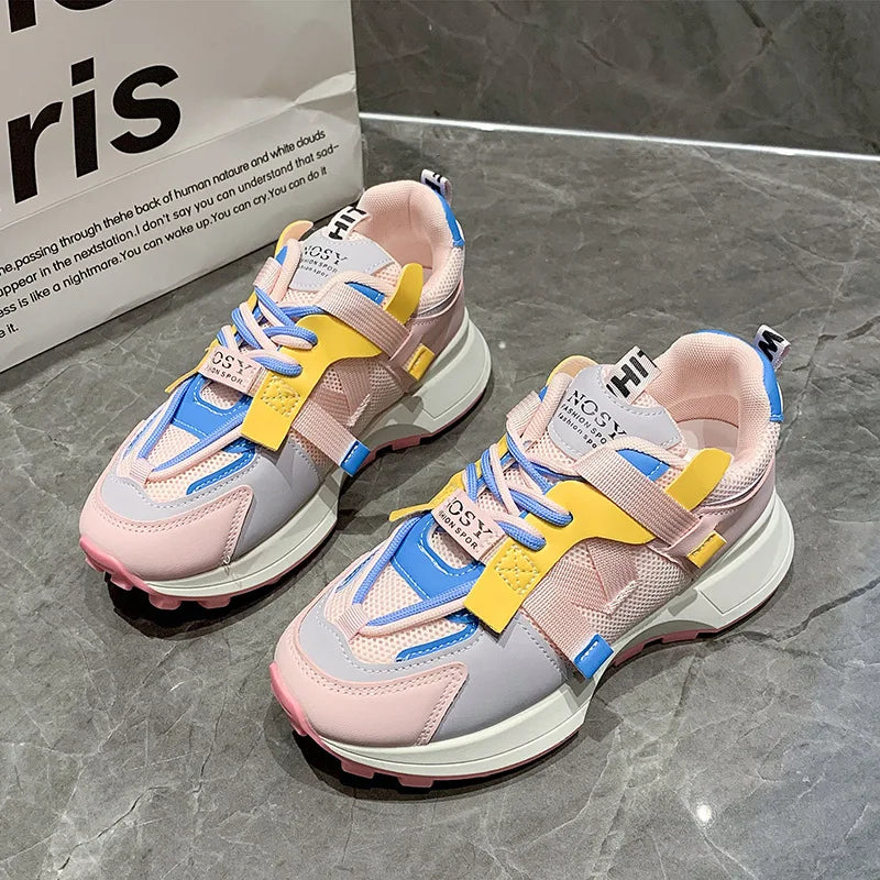 New Women colorful Sneakers Mesh Breathable Platform Shoes Casual Lace Up Outdoor Running Sport Footwear Versatile Outdoor Shoes