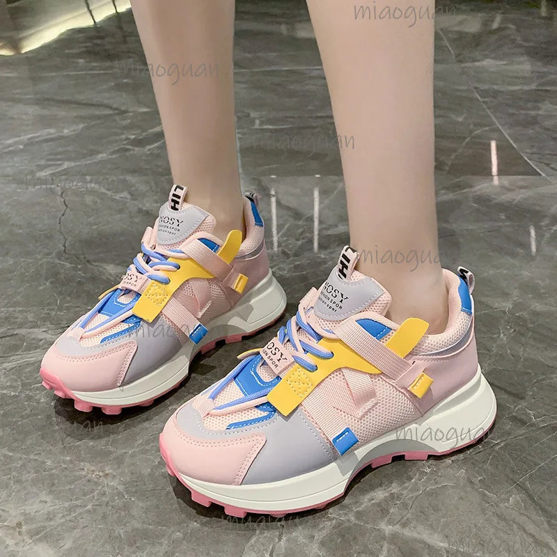 New Women colorful Sneakers Mesh Breathable Platform Shoes Casual Lace Up Outdoor Running Sport Footwear Versatile Outdoor Shoes
