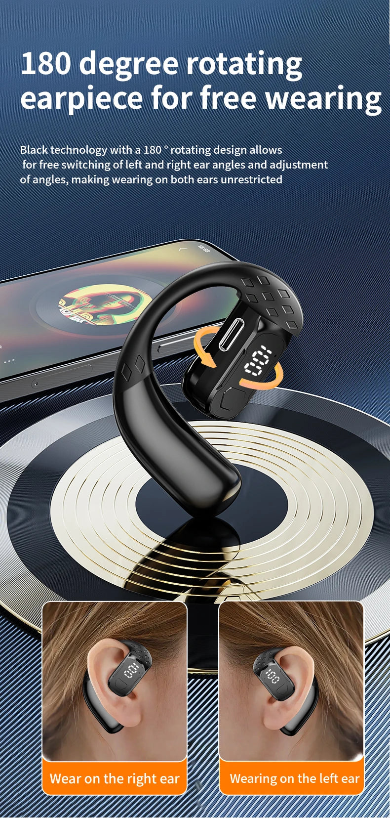 180 ° Rotating Left and Right Ears YS-02 Wireless Ear Hanging Bluetooth Earphones No In Ear HIFI Air Conduction Sports Headset