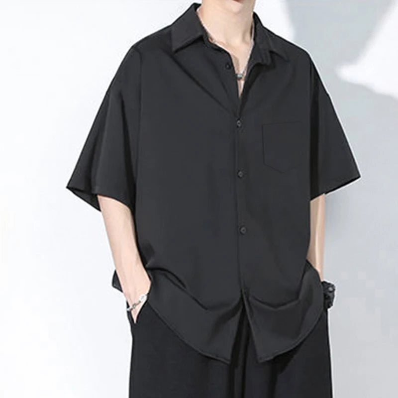 Shirt Men's Summer Ice Silk Short-Sleeved Drapey High-End Loose Casual Solid Color Shirt for Men