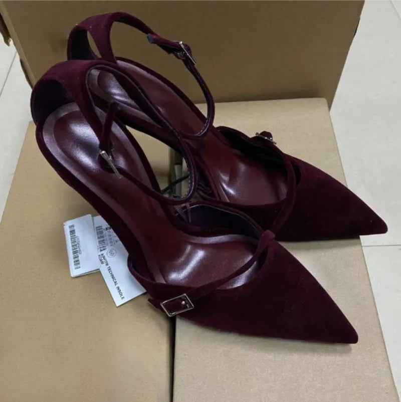 Retro Dark Red Evening Party Women High Heels Shoes Sexy Ankle Strap Luxury Designer sandals Pointed Toe Ladies Wedding Pumps