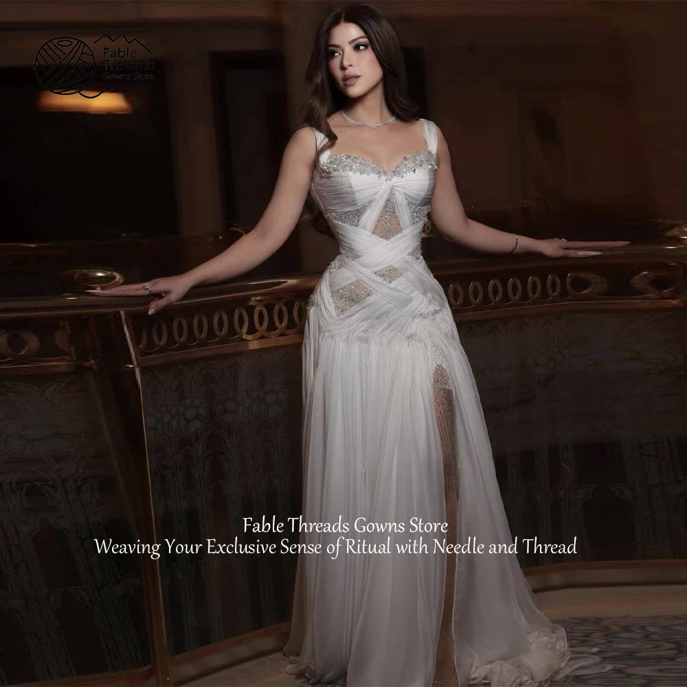 FableT Elegant White Spaghetti Strap Prom Dress Tulle Beadings Sleeveless Formal Occasion Prom Dress Customized 2026