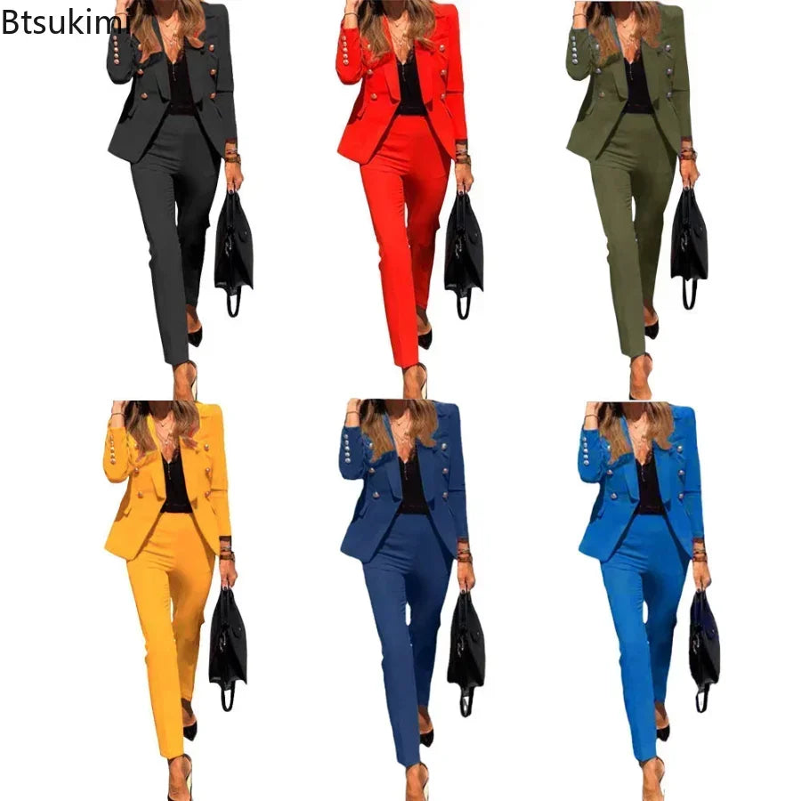 2026 Women's Formal Pants Suits Office Ladies 2PCS Sets Elegant Solid Blazer Jacket and Pants Sets Spring Autumn Women Suit Sets