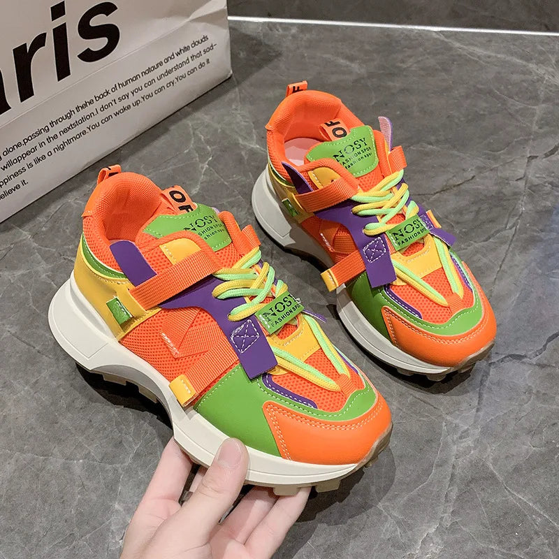 New Women colorful Sneakers Mesh Breathable Platform Shoes Casual Lace Up Outdoor Running Sport Footwear Versatile Outdoor Shoes