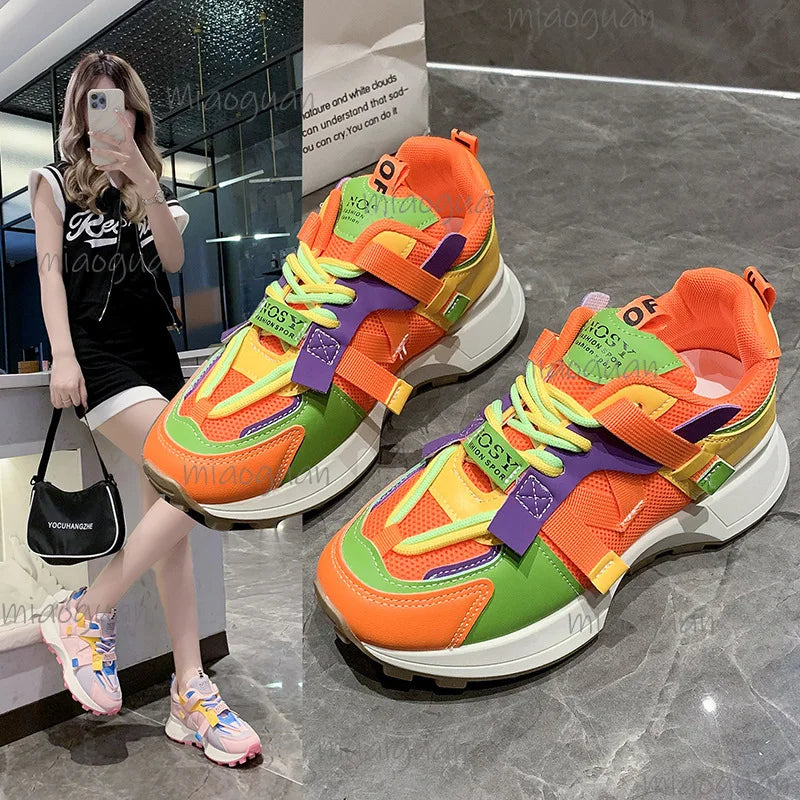 New Women colorful Sneakers Mesh Breathable Platform Shoes Casual Lace Up Outdoor Running Sport Footwear Versatile Outdoor Shoes