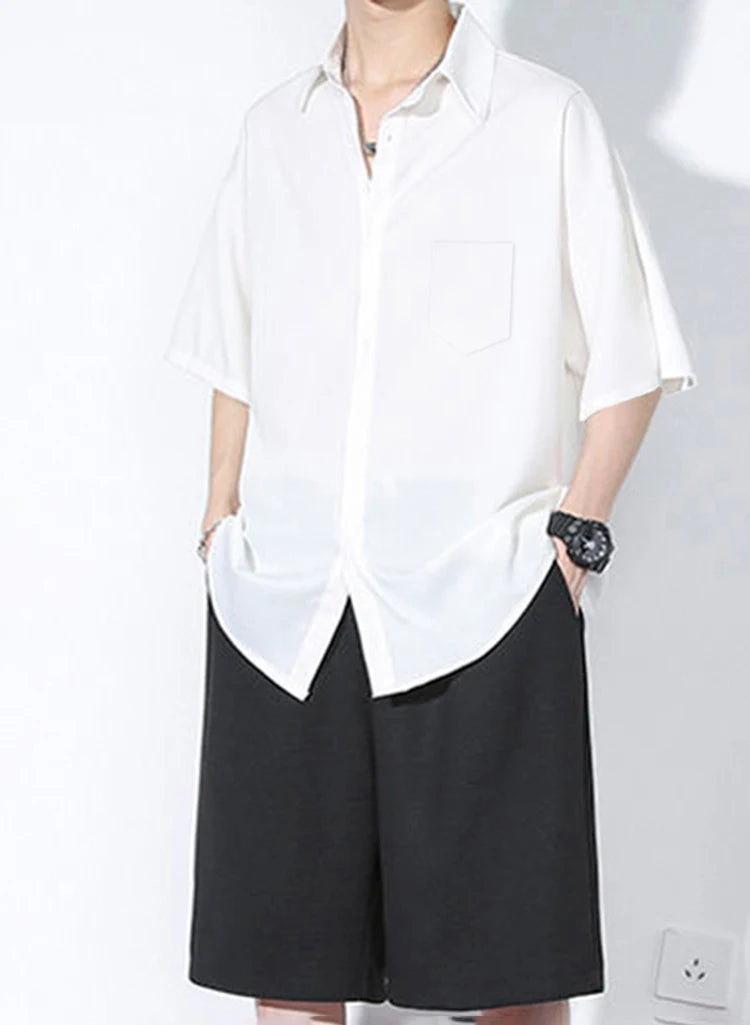 Shirt Men's Summer Ice Silk Short-Sleeved Drapey High-End Loose Casual Solid Color Shirt for Men