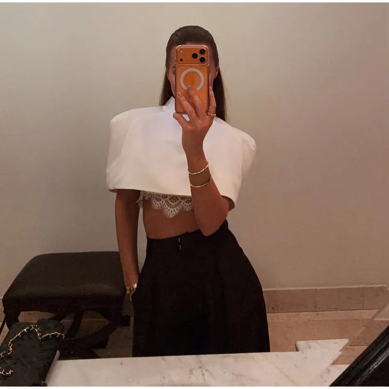 Elegant Cropped Shawl Tops Women's Short Sleeves Stand Collar Coat With Shoulder Pad 2026 New Ladies Spring Summer Solid Outwear