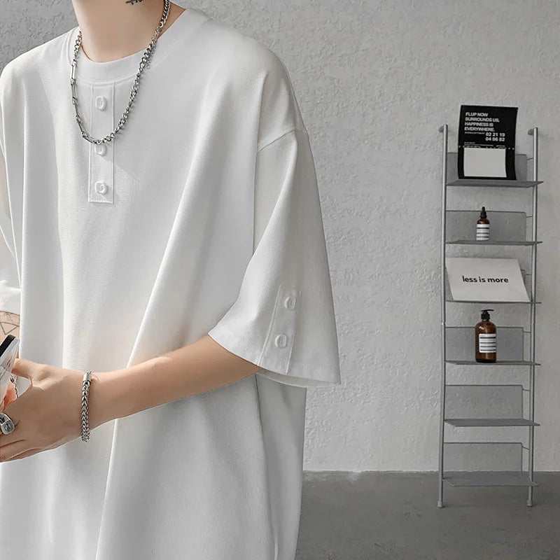 T shirt Men Summer Buttons Decor Hip Hop Streetwear Fashion T-Shirts Oversized Top Tees Mens Casual O-Neck Half Sleeve T Shirt