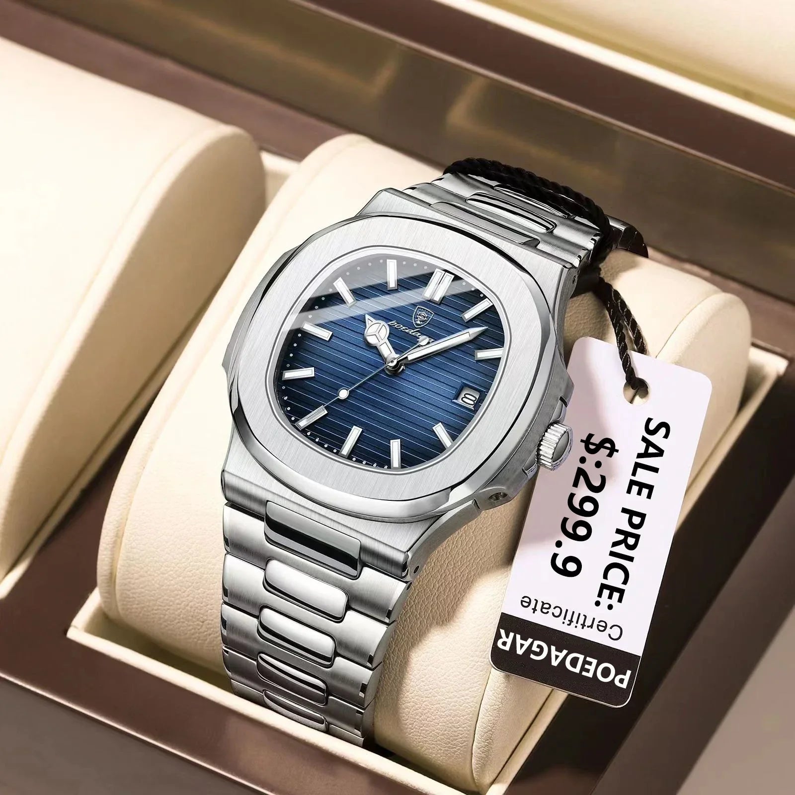 Watch for Men Stainless Steel Square Waterproof Quartz (Blue)