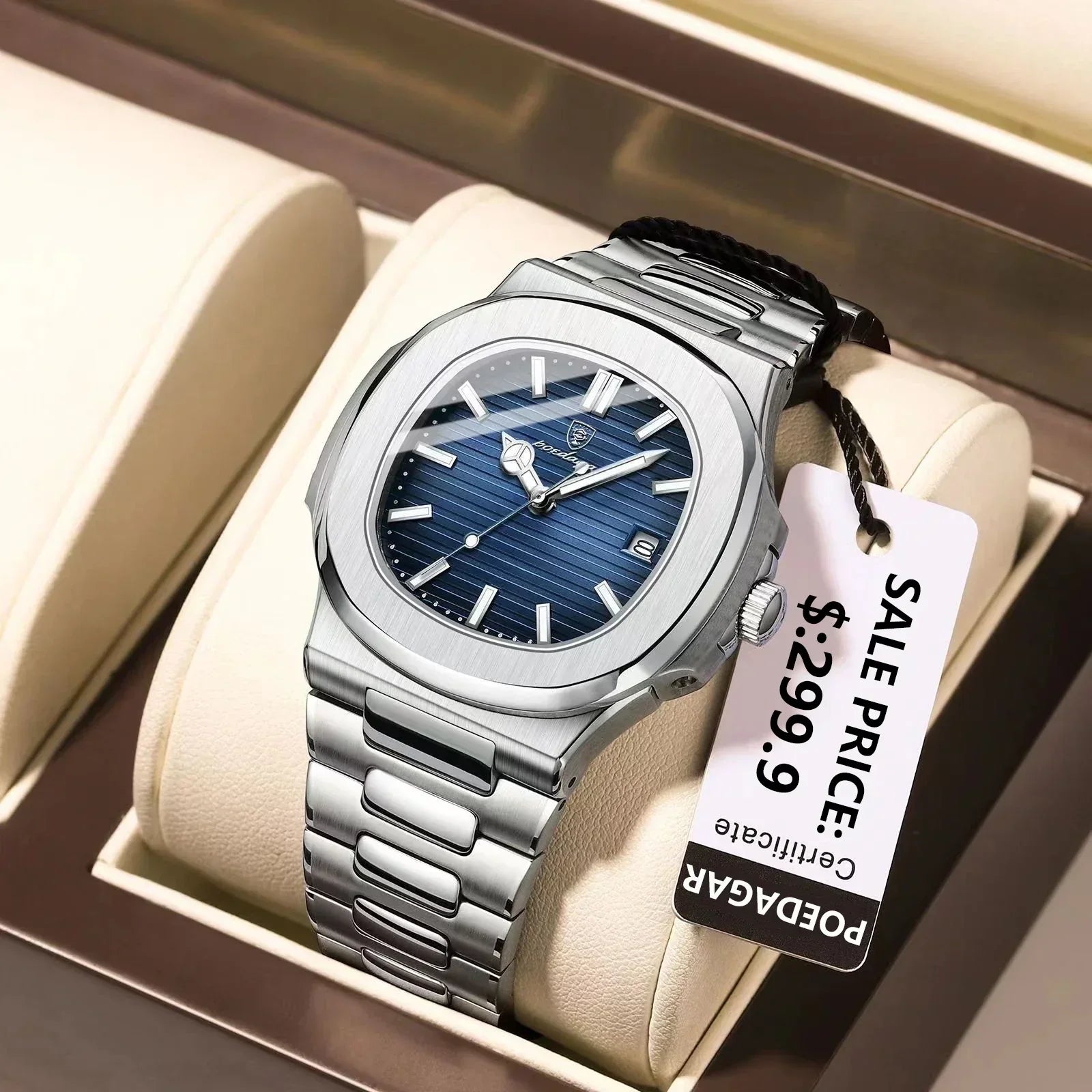 Watch for Men Stainless Steel Square Waterproof Quartz (Blue)-3