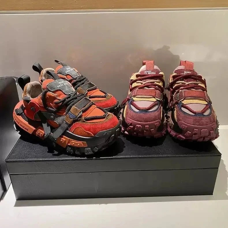 Platform Sneaker Men Designer Tire Bottom Running Shoes Fashion Casual Microfiber Leather Fabric Increased Internal Chunky Shoes