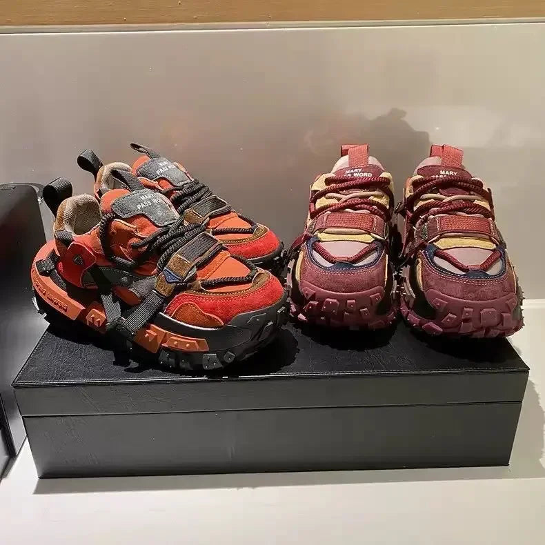 Platform Sneaker Men Designer Tire Bottom Running Shoes Fashion Casual Microfiber Leather Fabric Increased Internal Chunky Shoes