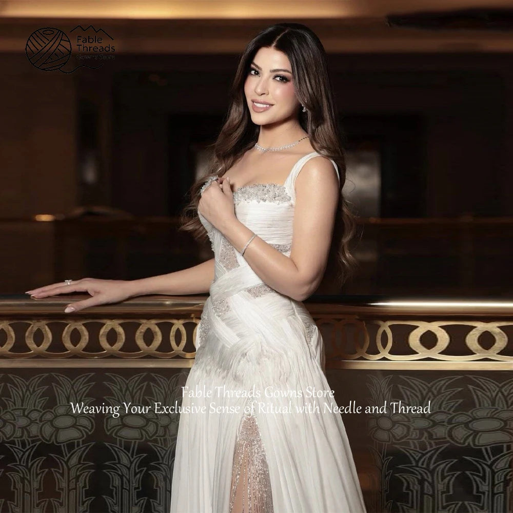 FableT Elegant White Spaghetti Strap Prom Dress Tulle Beadings Sleeveless Formal Occasion Prom Dress Customized 2026