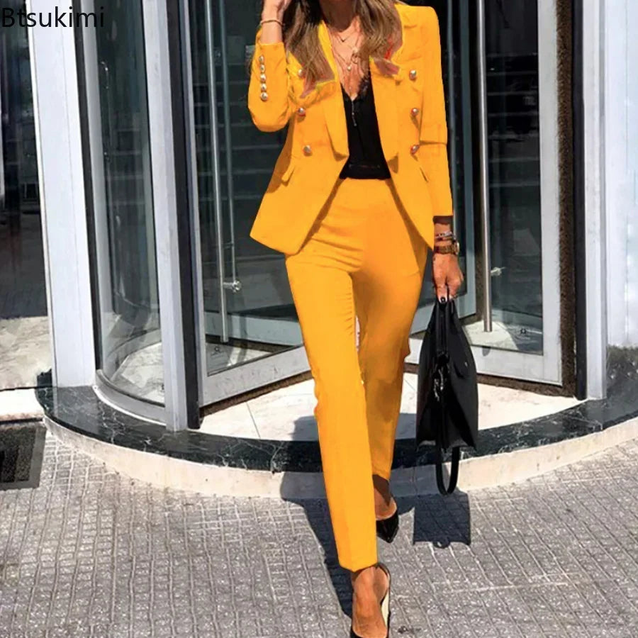2026 Women's Formal Pants Suits Office Ladies 2PCS Sets Elegant Solid Blazer Jacket and Pants Sets Spring Autumn Women Suit Sets