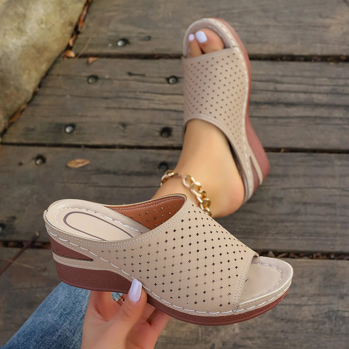 Sandals For Women 2025 Summer Dressy Women Shoes Thick Soled Wedge Sandals Fashionable One Foot Bohemian Beach Sandales Femmes