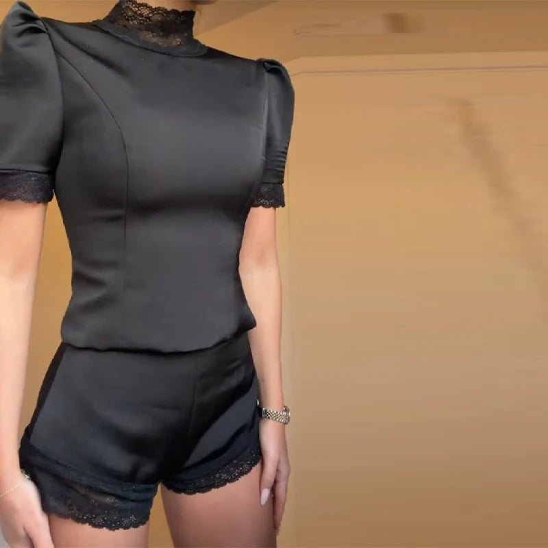 Modern Sophisticated Top Shorts Set Satin Edgy Luxe Feminine Lace Women's Outfit Chic Female Evening Date Wear